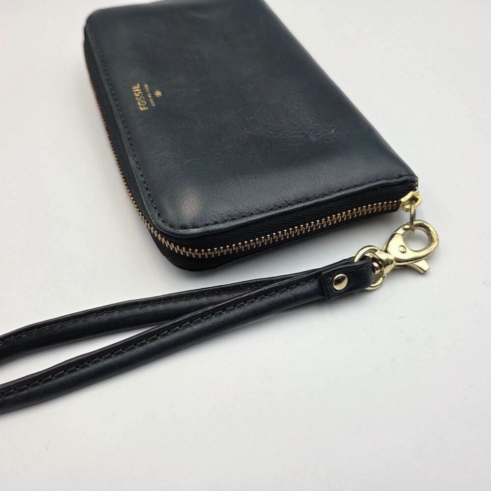 Fossil Wallet Navy Blue Leather Zip Around Accordian Wrislet Strap - Picture 5 of 10